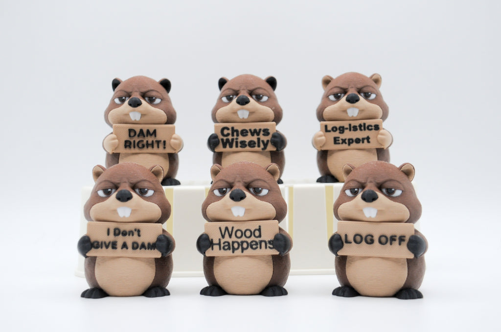 Group of beaver figures holding six humorous signs