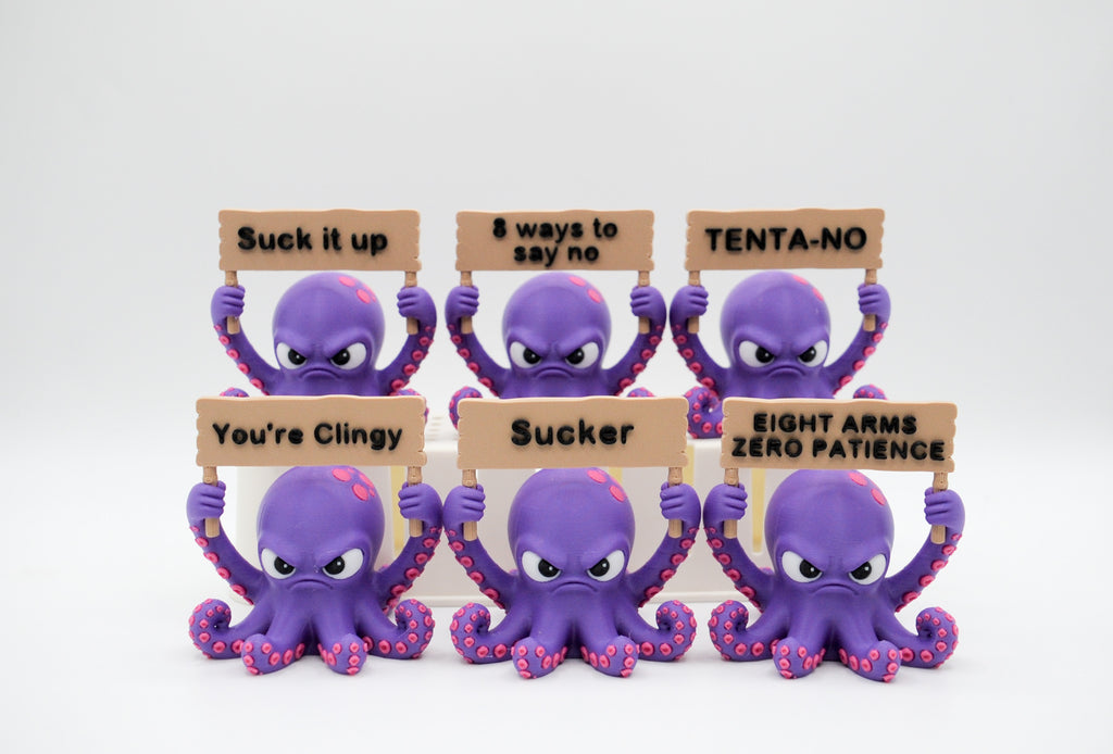 Group of purple octopus figures holding six humorous signs