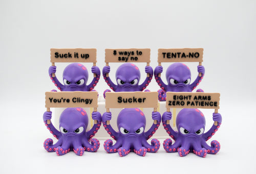 Group of purple octopus figures holding six humorous signs