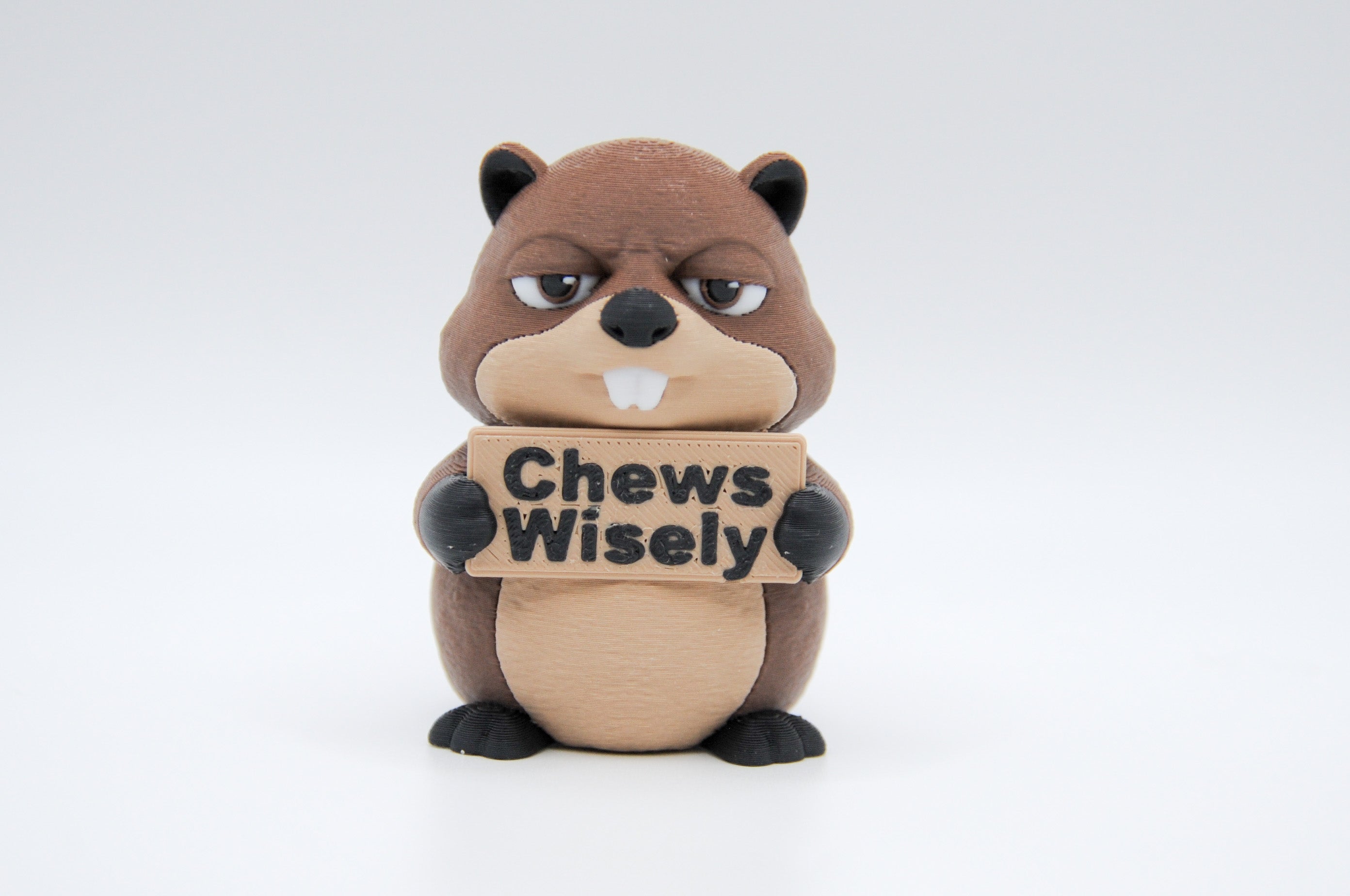 Beaver holding a Chews Wisely sign