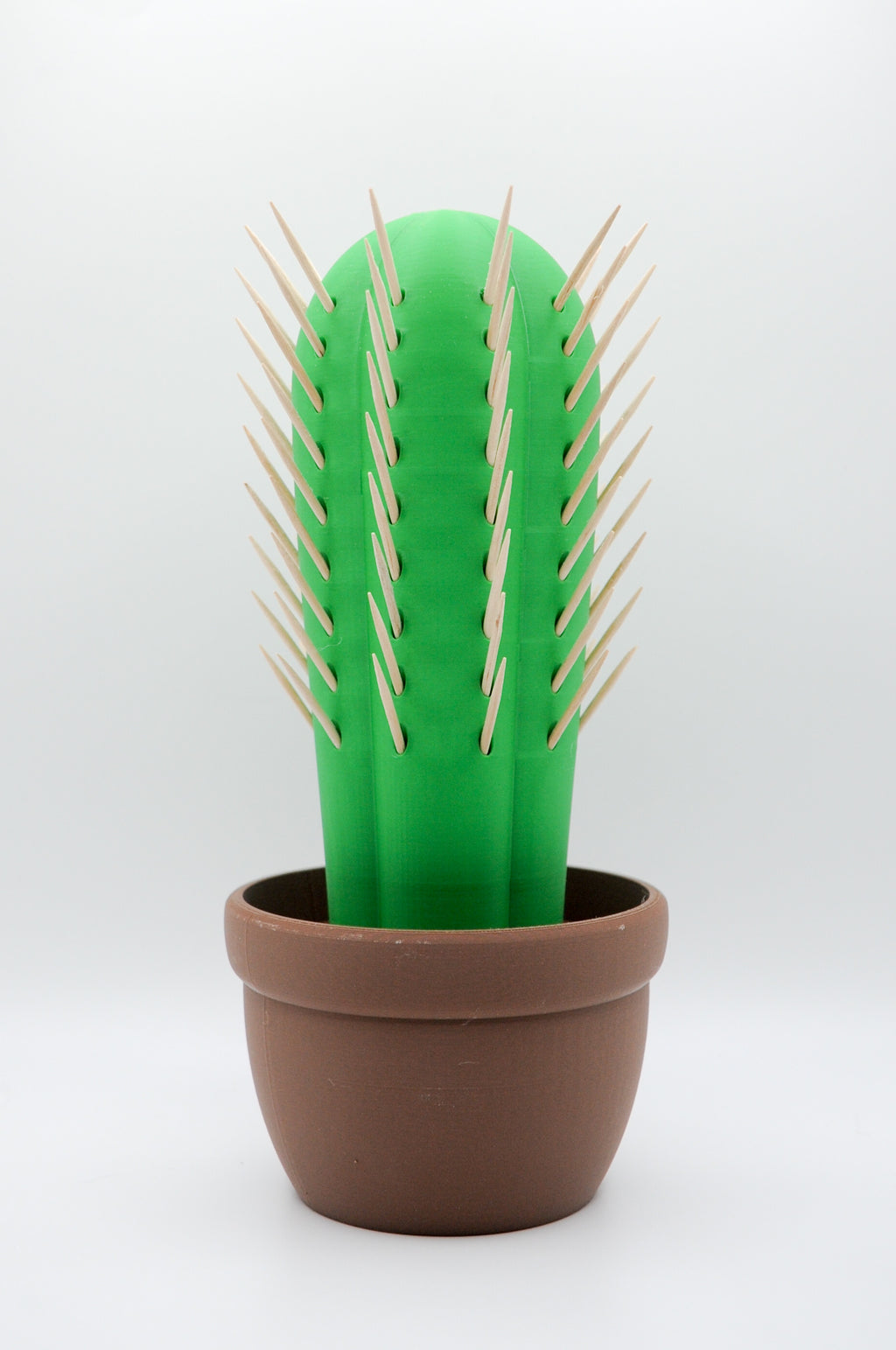 Portrait view of a green cactus toothpick holder in a brown pot