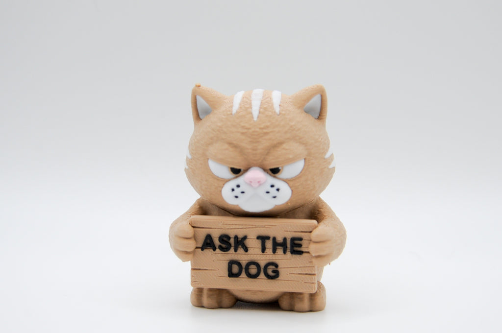 Grumpy cat holding an Ask the Dog sign
