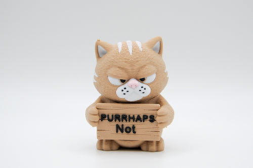 Grumpy cat holding a Purrhaps Not sign