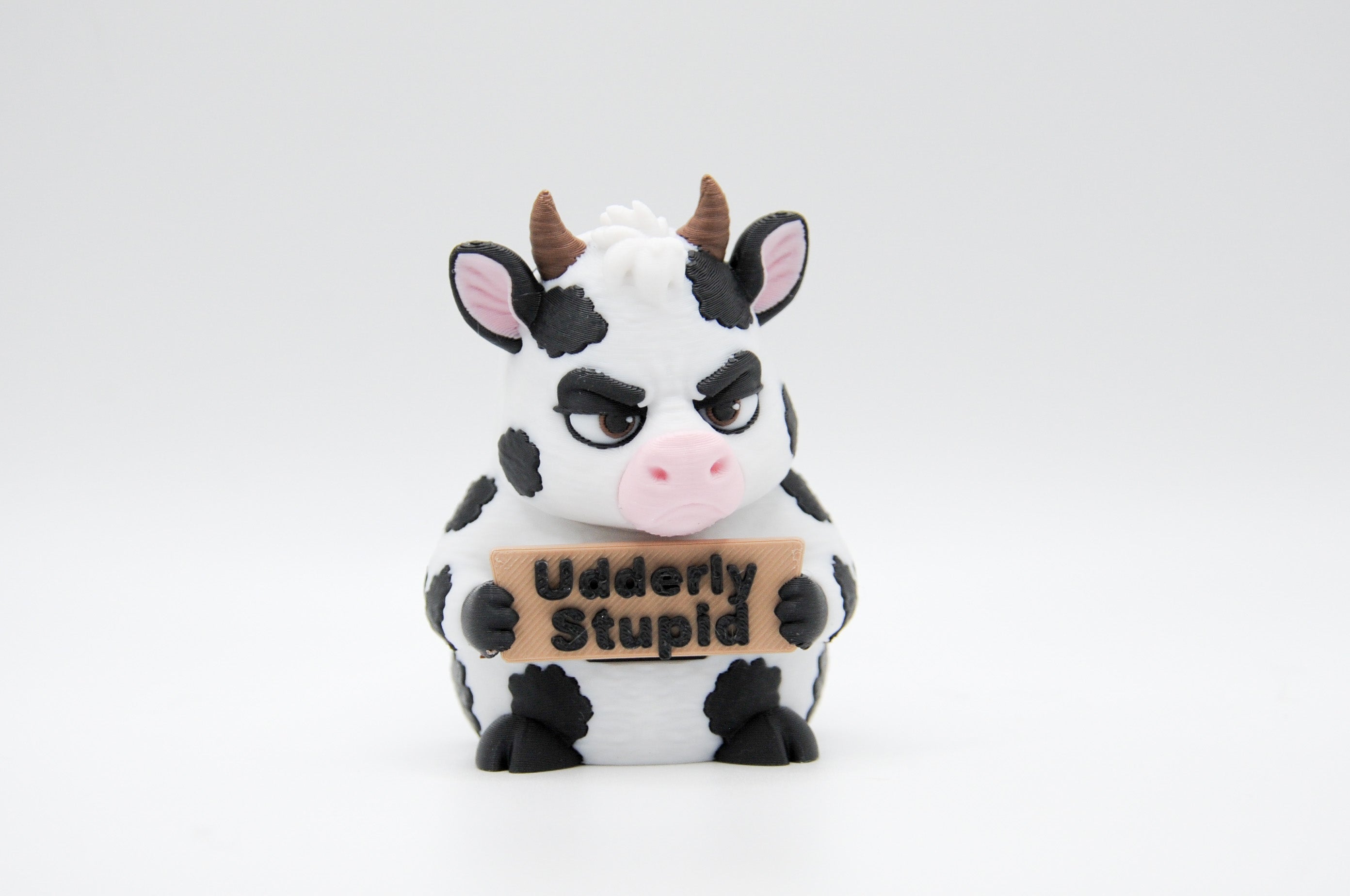 Cow holding an Udderly Stupid sign