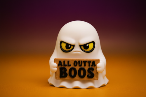 Ghost holding an All Outta Boos sign on a warm gradient background