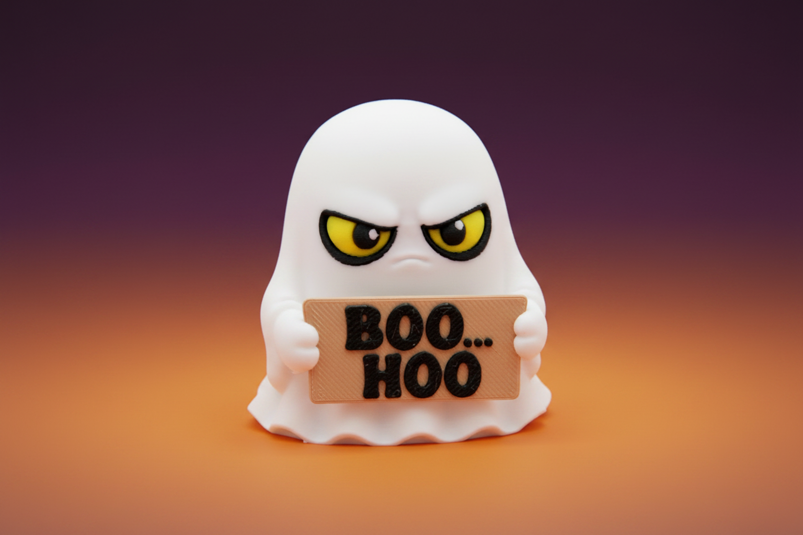 Ghost holding a Boo...Hoo sign on a warm gradient background