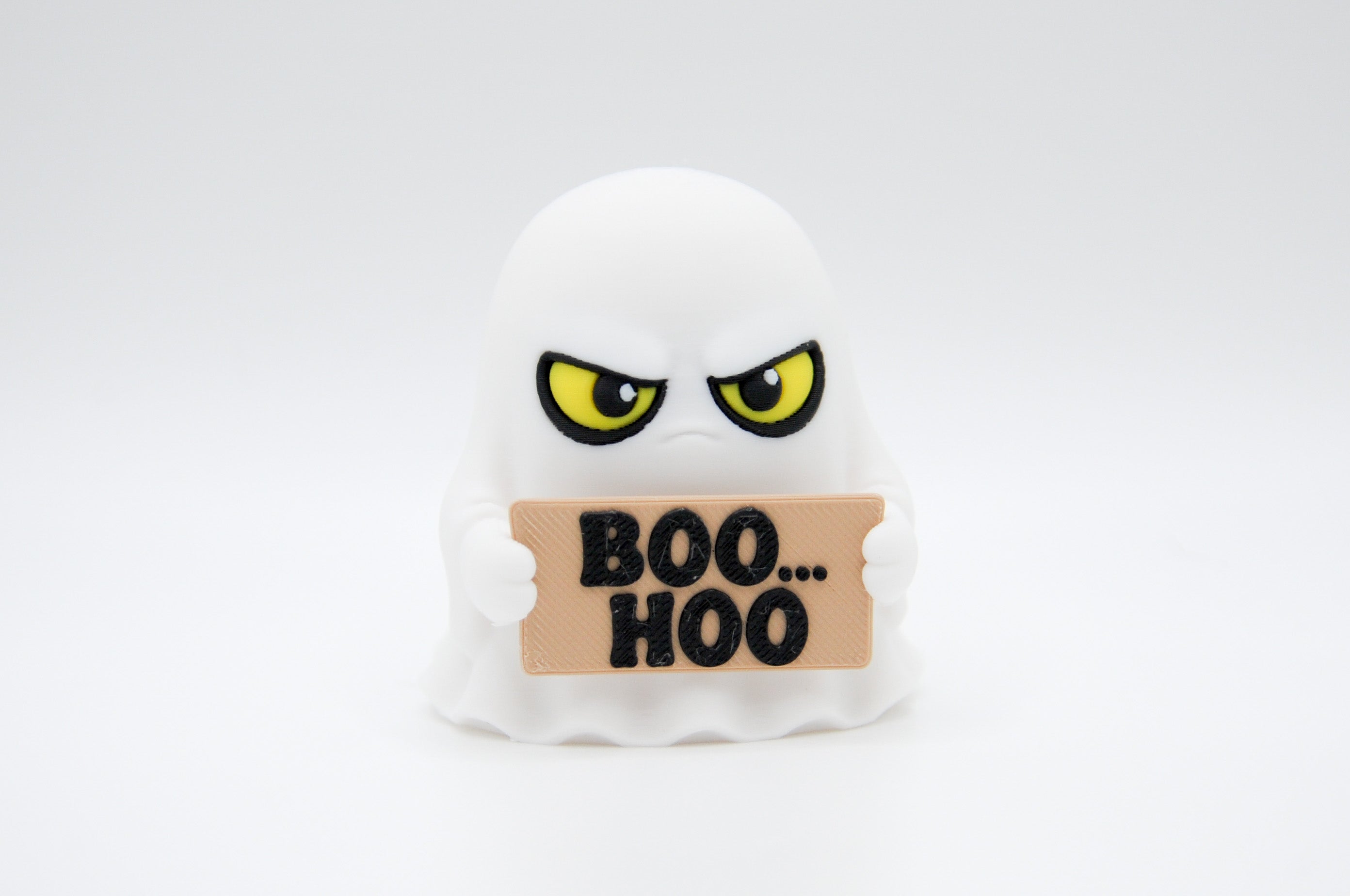 Ghost holding a Boo...Hoo sign on a white background