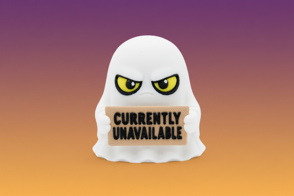 Ghost holding a Currently Unavailable sign on a warm gradient background