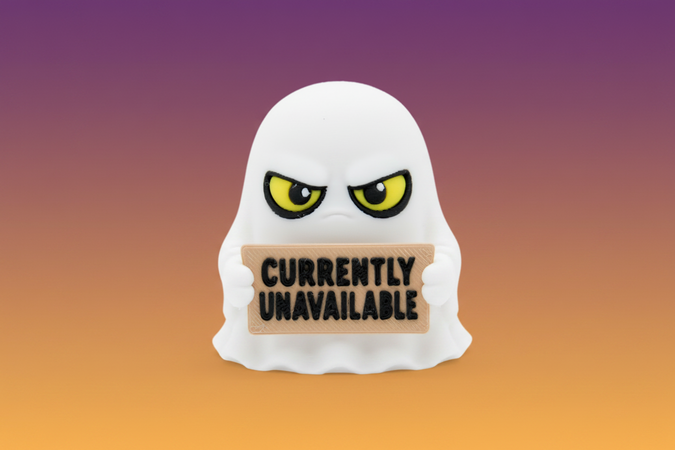 Ghost holding a Currently Unavailable sign on a warm gradient background