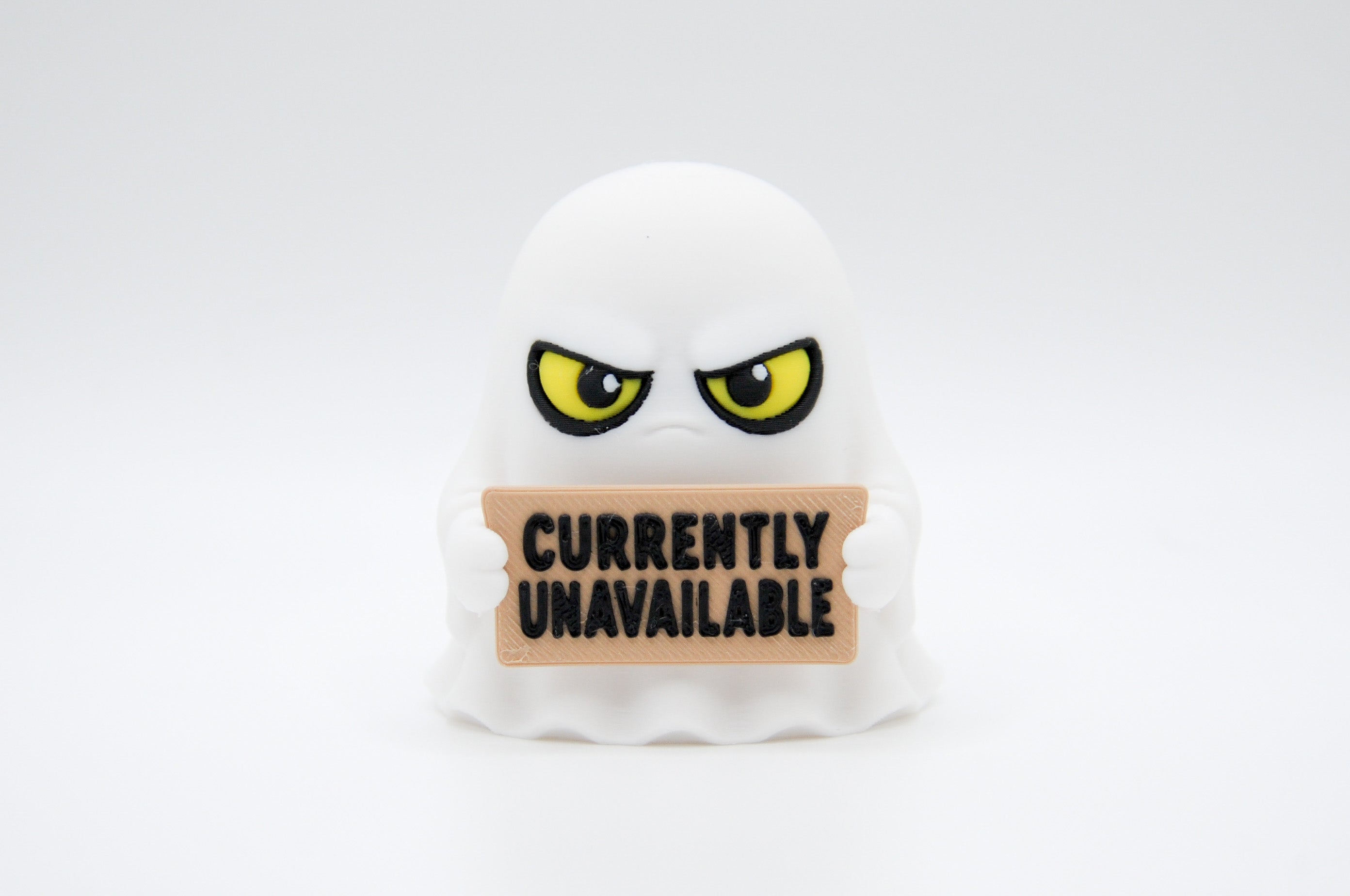 Ghost holding a Currently Unavailable sign on a white background