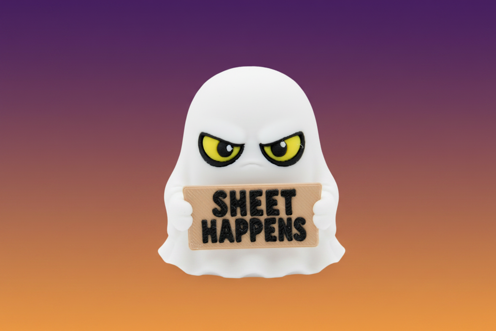 Ghost holding a Sheet Happens sign on a warm gradient background