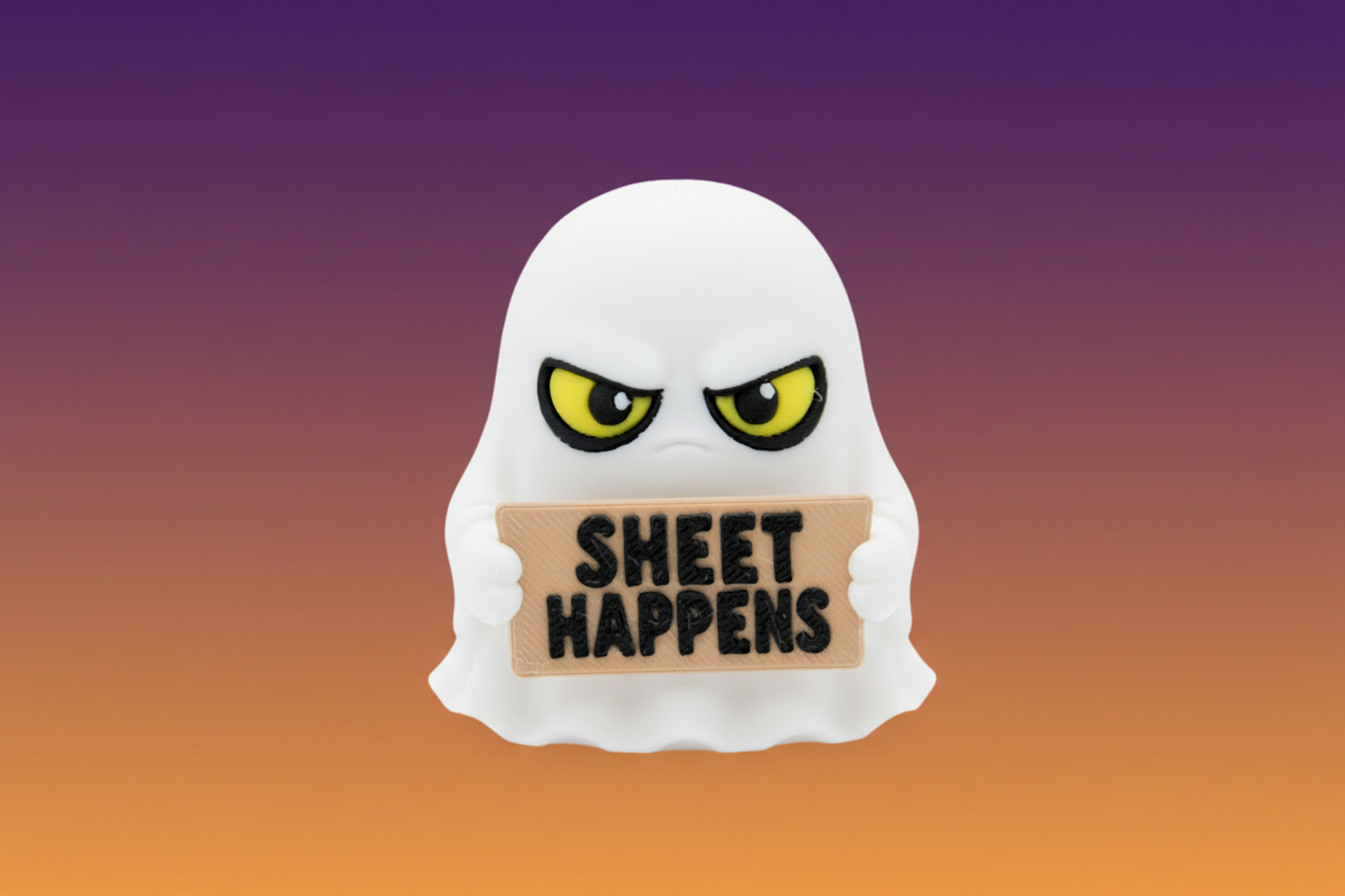 Ghost holding a Sheet Happens sign on a warm gradient background