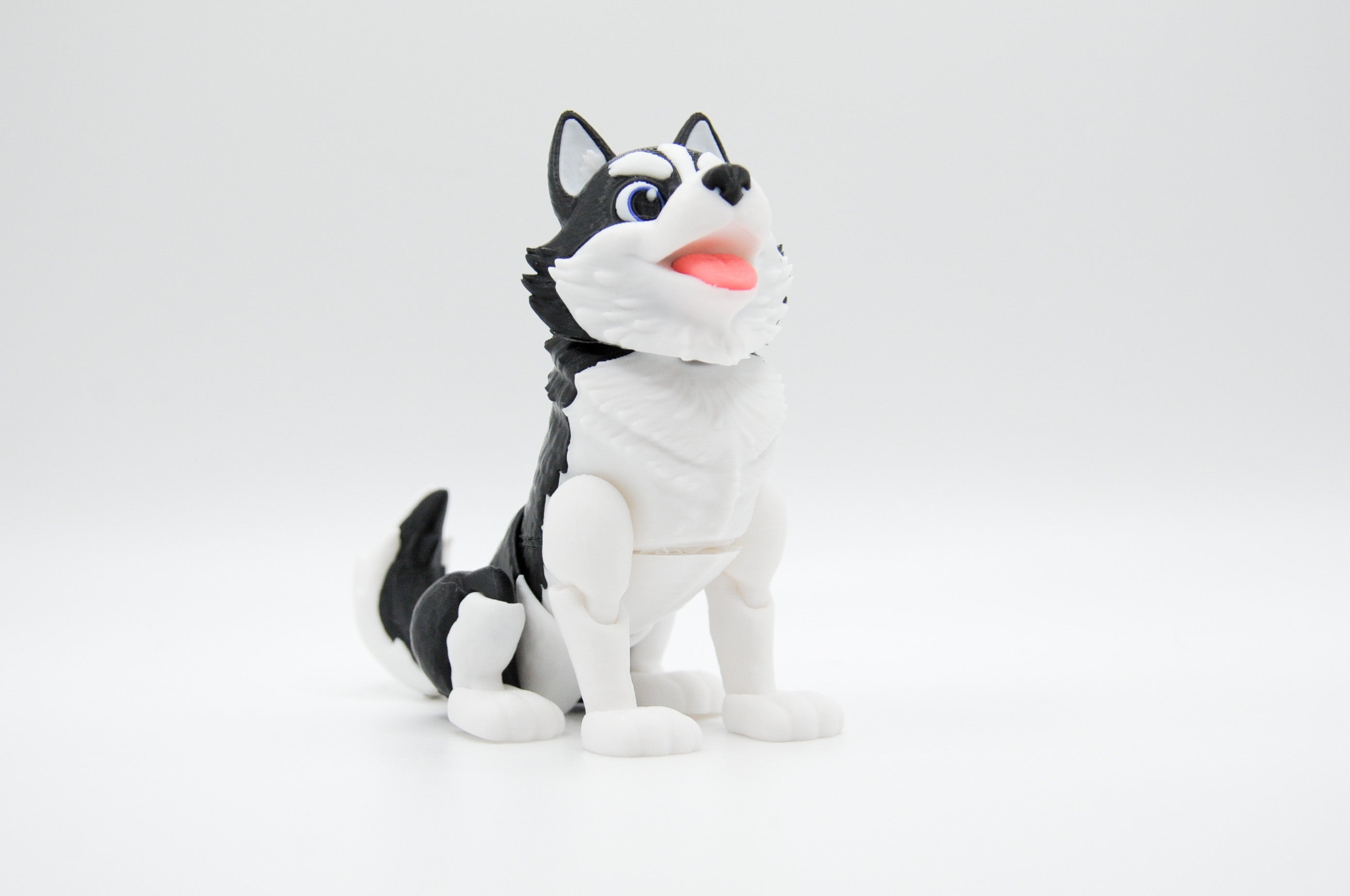 Black and white husky figure seated against a white background