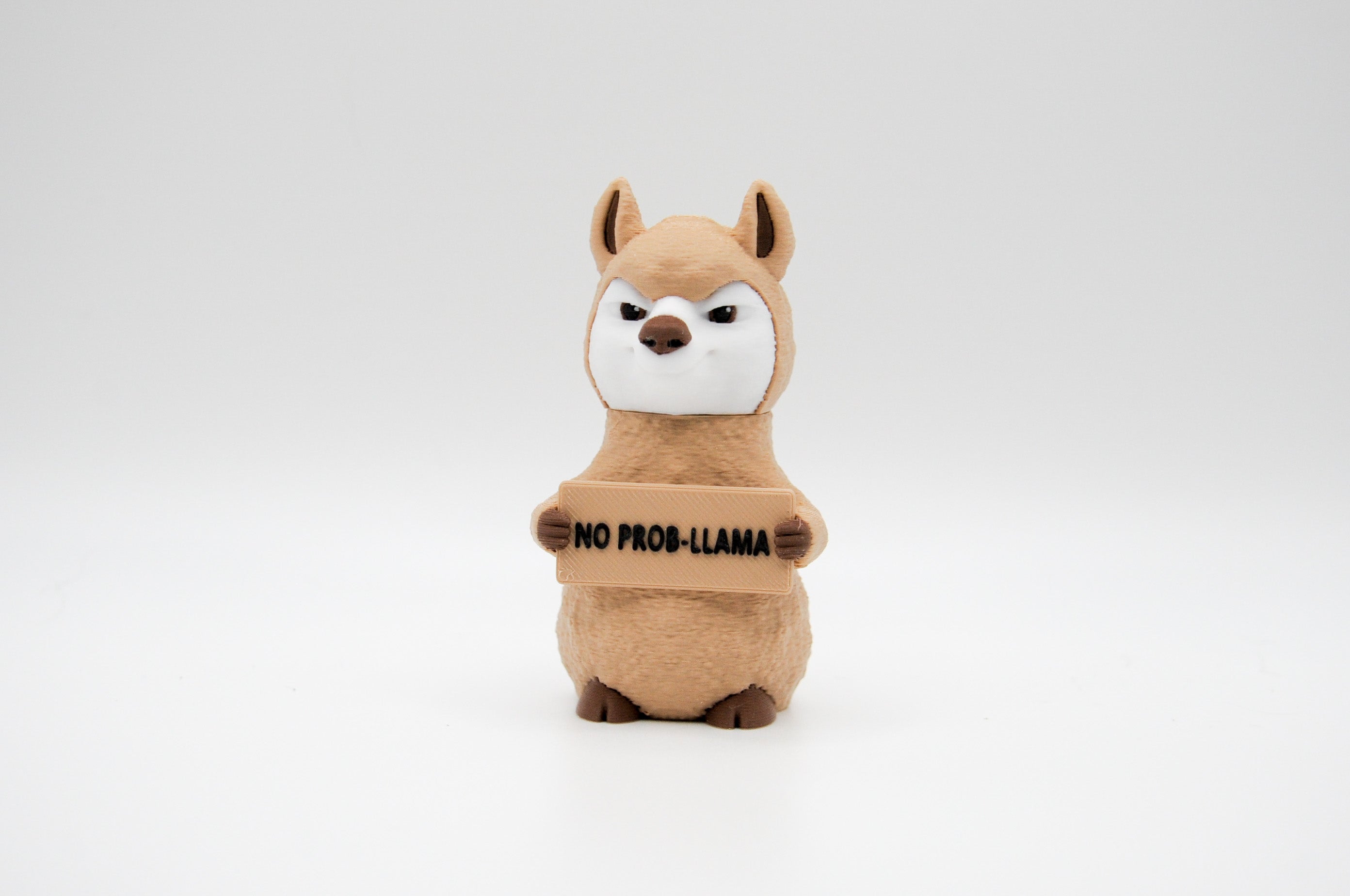 Llama holding a No Prob-Llama sign