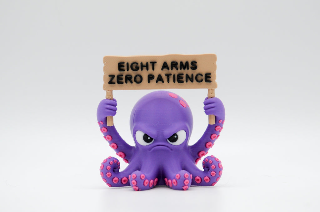 Purple octopus holding an Eight Arms Zero Patience sign