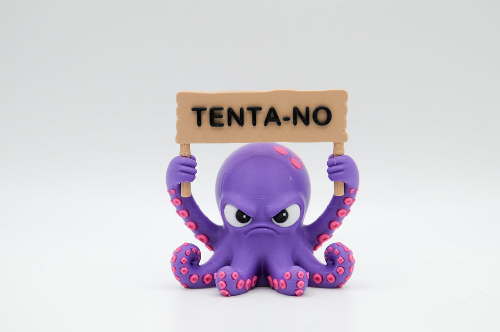 Purple octopus holding a Tenta-No sign