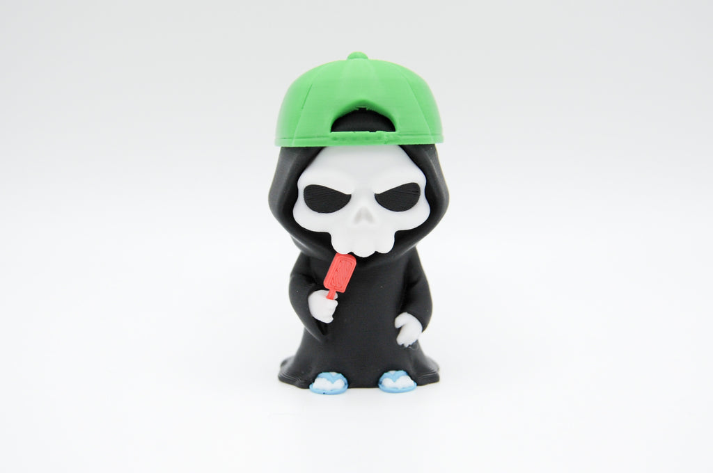 Hooded reaper figure wearing a green cap and holding a red popsicle